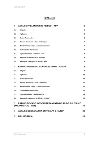 APP & HAZOP
Profa
Laís Aguiar i
SUMÁRIO
1 ANÁLISE PRELIMINAR DE PERIGO – APP 2
1.1 Objetivo 2
1.2 Aplicação 2
1.3 Dados Necessários 2
1.4 Pessoal Necessário e Suas Atribuições 3
1.5 Estimativa de Tempo e Custo Requeridos 4
1.6 Natureza dos Resultados 4
1.7 Apresentação da Técnica de APP 4
1.8 Proposta de Estrutura de Relatório 8
1.9 Principais Vantagens da Técnica APP 9
2 ESTUDO DE PERIGO E OPERABILIDADE - HAZOP 9
2.1 Objetivo 9
2.2 Aplicação 10
2.3 Dados Necessários 10
2.4 Pessoal Necessário e suas Atribuições 11
2.5 Estimativa de Tempo e Custo Requeridos 13
2.6 Natureza dos Resultados 13
2.7 Apresentação da Técnica HAZOP 14
2.8 Principais Vantagens da Técnica HAZOP 18
3 ESTUDO DE CASO: DESCARREGAMENTO DE ÁCIDO SULFÚRICO
(AGUIAR ET AL., 2001) 19
4 ANÁLISE COMPARATIVA ENTRE APP E HAZOP 28
5 BIBLIOGRAFIA 29
 