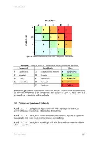 APP & HAZOP
Profa
Laís Aguiar 8/29
A B C D E
IV
2 3 4 5 5
III 1 2 3 4 5
II 1 1 2 3 4
I 1 1 1 2 3
Figura 1 – Matriz de Classificação de Risco – Freqüência x Severidade
Quadro 6 – Legenda da Matriz de Classificação de Risco – Freqüência x Severidade
Severidade Freqüência Risco
I Desprezível A Extremamente Remota 1 Desprezível
II Marginal B Remota 2 Menor
III Crítica C Improvável 3 Moderado
IV catastrófica D Provável 4 Sério
E Freqüente 5 Crítico
Finalmente, procede-se à análise dos resultados obtidos, listando-se as recomendações
de medidas preventivas e/ ou mitigadoras pela equipe de APP. O passo final é a
preparação do relatório da análise realizada.
1.8 Proposta de Estrutura de Relatório
CAPÍTULO 1 - Descrição dos objetivos visados com a aplicação da técnica, do
escopo abrangido pela análise , e da estrutura do relatório;
CAPÍTULO 2 - Descrição do sistema analisado, contemplando aspectos de operação,
manutenção, bem como possíveis modificações a serem feitas;
CAPÍTULO 3 - Descrição da metodologia utilizada, destacando os eventuais critérios
adotados na análise;
FREQÜÊNCIA
SEVERIDADE
 