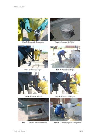 APP & HAZOP
Profa
Laís Aguiar 20/29
Foto 5 - Preparação do Mangote Foto 6 - Carbonato de Cálcio
Foto 7 - Retirada do Bujão Foto 8 - Retirada do Trapo
Foto 9 - Coleta da Amostra Foto 10 - Conexão do Mangote
Foto 11 - Amostra para o Laboratório Foto 12 - Linha de Água de Emergência
 