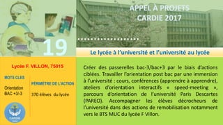 19
……………….
……………………………….
APPEL À PROJETS
CARDIE 2017
Lycée F. VILLON, 75015 Créer des passerelles bac-3/bac+3 par le biais d’actions
ciblées. Travailler l’orientation post bac par une immersion
à l’université : cours, conférences (apprendre à apprendre),
ateliers d’orientation interactifs « speed-meeting »,
parcours d’orientation de l’université Paris Descartes
(PAREO). Accompagner les élèves décrocheurs de
l’université dans des actions de remobilisation notamment
vers le BTS MUC du lycée F Villon.
MOTS CLES
Orientation
BAC +3/-3
PÉRIMÈTRE DE L’ACTION
370 élèves du lycée
Le lycée à l’université et l’université au lycée
 