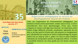 ……………….
……………………………….
35
……………….
……………………………….
APPEL À PROJETS
CARDIE 2017
Ecole Maternelle Saint André-
des-Arts, 6ème
Créer, par l'organisation de l'environnement pédagogique, une
ambiance d'école sereine permettant d'aider chacun d'eux à entrer
naturellement dans leurs apprentissages. D'une part, l'école
s'organise en classes multi-âges pour favoriser les interactions entre
enfants d'âges différents (entraide, socialisation, apprendre de son
aîné ou du plus petit) et d'autre part, elle propose un enseignement
plus individualisé qui respecte le rythme d'apprentissage de chaque
enfant tout au long du cycle 1, grâce à la mise en place d'ateliers
individuels de manipulation pensés et progressifs offrant à l'enfant
la possibilité d'exercer ses choix guidés par son besoin naturel du
moment.
MOTS CLES
Climat
scolaire
PÉRIMÈTRE DE L’ACTION
90 élèves
de l’école de la petite à la
grande section
Organisation pédagogique au service du
développement naturel de l’enfant
 