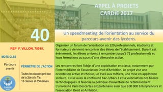 ……………….
……………………………….
40
APPEL À PROJETS
CARDIE 2017
REP F. VILLON, 75015,
Organiser un forum de l’orientation où 120 professionnels, étudiants et
formateurs viennent rencontrer des élèves de l’établissement. Durant cet
évènement, les élèves arrivent à rencontrer jusqu’à 72 professionnels et
leurs formations au cours d’une démarche active.
Les rencontres font l’objet d’une exploitation en classe, notamment par
l’intermédiaire de l’association Droit d’Ambition. Le projet vise une
orientation active et choisie, un éveil aux métiers, une mise en appétence
scolaire. Il vise aussi la continuité bac-3/bac+3 et la valorisation des filières
technologiques. Il favorise la politique d’ouverture de l’établissement.
L’université Paris Descartes est partenaire ainsi que 100 000 Entrepreneurs et
l’association Droit et Ambition.
MOTS CLES
Parcours
avenir
PÉRIMÈTRE DE L’ACTION
Toutes les classes pré-bac
de la 2de à la Tle,
13 classes et 350 élèves.
Un speedmeeting de l’orientation au service du
parcours-avenir des lycéens.
 