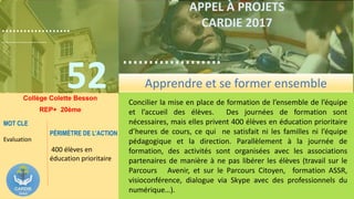52
……………….
……………………………….
APPEL À PROJETS
CARDIE 2017
Collège Colette Besson
REP+ 20ème
Concilier la mise en place de formation de l’ensemble de l’équipe
et l’accueil des élèves. Des journées de formation sont
nécessaires, mais elles privent 400 élèves en éducation prioritaire
d’heures de cours, ce qui ne satisfait ni les familles ni l’équipe
pédagogique et la direction. Parallèlement à la journée de
formation, des activités sont organisées avec les associations
partenaires de manière à ne pas libérer les élèves (travail sur le
Parcours Avenir, et sur le Parcours Citoyen, formation ASSR,
visioconférence, dialogue via Skype avec des professionnels du
numérique…).
MOT CLE
Evaluation
PÉRIMÈTRE DE L’ACTION
400 élèves en
éducation prioritaire
Apprendre et se former ensemble
……………….
…………………….
 