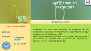 55
APPEL À PROJETS
CARDIE 2017
Développer les outils pour apprendre en s’appuyant sur les
neurosciences (neurones miroirs). Utiliser la vidéo notamment pour
enseigner le geste de l’écriture au CP.
Créer un espace commun d’observation de pratiques de classes grâce à
un dispositif de captation vidéo. (Utilisation du smartphone) .
Favoriser le travail collaboratif des élèves..
Le trait qui parle
Ecole Lacordaire 75015
PÉRIMÈTRE DE
L’ACTION
Les classes de CP
MOTS CLES
Numérique
 