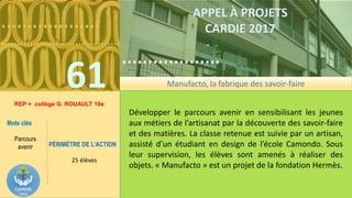 ……………….
……………………………….
61
……………….
……………………………….
APPEL À PROJETS
CARDIE 2017
REP + collège G. ROUAULT 19e
Développer le parcours avenir en sensibilisant les jeunes
aux métiers de l’artisanat par la découverte des savoir-faire
et des matières. La classe retenue est suivie par un artisan,
assisté d’un étudiant en design de l’école Camondo. Sous
leur supervision, les élèves sont amenés à réaliser des
objets. « Manufacto » est un projet de la fondation Hermès.
Mots clés
Parcours
avenir PÉRIMÈTRE DE L’ACTION
25 élèves
Manufacto, la fabrique des savoir-faire
 