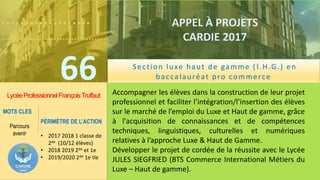 ……………….
……………………………….
66
APPEL À PROJETS
CARDIE 2017
LycéeProfessionnelFrançoisTruffaut Accompagner les élèves dans la construction de leur projet
professionnel et faciliter l’intégration/l’insertion des élèves
sur le marché de l’emploi du Luxe et Haut de gamme, grâce
à l'acquisition de connaissances et de compétences
techniques, linguistiques, culturelles et numériques
relatives à l’approche Luxe & Haut de Gamme.
Développer le projet de cordée de la réussite avec le Lycée
JULES SIEGFRIED (BTS Commerce International Métiers du
Luxe – Haut de gamme).
MOTS CLES
Parcours
avenir
PÉRIMÈTRE DE L’ACTION
• 2017 2018 1 classe de
2de (10/12 élèves)
• 2018 2019 2de et 1e
• 2019/2020 2de 1e tle
Section luxe haut de gamme ( l.H.G.) en
baccalauréat pro commerce
 