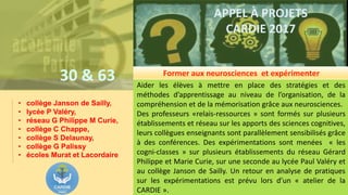 30 & 63
APPEL À PROJETS
CARDIE 2017
Aider les élèves à mettre en place des stratégies et des
méthodes d’apprentissage au niveau de l’organisation, de la
compréhension et de la mémorisation grâce aux neurosciences.
Des professeurs «relais-ressources » sont formés sur plusieurs
établissements et réseau sur les apports des sciences cognitives,
leurs collègues enseignants sont parallèlement sensibilisés grâce
à des conférences. Des expérimentations sont menées « les
cogni-classes » sur plusieurs établissements du réseau Gérard
Philippe et Marie Curie, sur une seconde au lycée Paul Valéry et
au collège Janson de Sailly. Un retour en analyse de pratiques
sur les expérimentations est prévu lors d’un « atelier de la
CARDIE ».
Former aux neurosciences et expérimenter
• collège Janson de Sailly,
• lycée P Valéry,
• réseau G Philippe M Curie,
• collège C Chappe,
• collège S Delaunay,
• collège G Palissy
• écoles Murat et Lacordaire
 