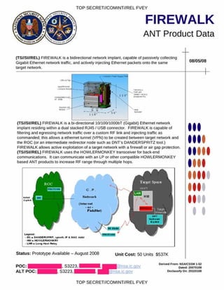 FIREWALK
ANT Product Data
TOP SECRET//COMINT//REL FVEY
(TS//SI//REL) FIREWALK is a bidirectional network implant, capable ot passively collecting
Gigabit Ethernet network traffic, and actively injecting Ethernet packets onto the same
target network.
08/05/08
__
(TS//SI//REL) FIREWALK is a bi-directional lQ/lOO/lOOObT (Gigabit) Ethernet network
implant residing within a dual stacked RJ45 / USB connector. FIREWALK is capable of
filtering and egressmg network traflic over a custom RF link and injecting traffic as
commanded; this allows a ethernet tunnel (VPN) to be created between target network and
the ROC (or an intermediate redirector node such as DNT's DANDERSPRITZ tool.)
FIREWALK allows active exploitation of a target network with a firewall or air gap protection.
(TS//SI//REL) FIREWALK uses the HOWLERMONKEY transceiver for back-end
communications. It can communicate with an LP or other compatible HOWLERMONKEY
based ANT products to increase RF range through multiple hops.
(Internet
• o r *
FWIdNet)
• o c - D A N D c n c e n rT . -.poof*. i f 4 m a c a a n *
HU m H O W LC R M O fK R Y
I HR - L o rv j H a u l VWiay
I
I
Status: Prototype Available - August 2008 Unit Cost: 50 Units S537K
POC:
ALT POC:
. S3223,
S3223,
(ansa ic.gov
®nsa. ic.gov
Derived From: NSA/CSSM 1-52
Oafod 20070108
Declassify On: 20320108
TOP SECRET//COMINT//REL FVEY
 
