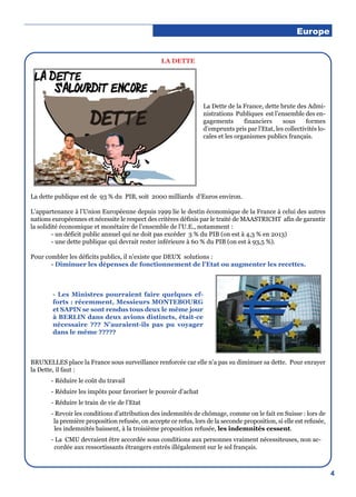 4
Europe
LA DETTE
La Dette de la France, dette brute des Admi-
nistrations Publiques est l’ensemble des en-
gagements financiers sous formes
d’emprunts pris par l’Etat, les collectivités lo-
cales et les organismes publics français.
La dette publique est de 93 % du PIB, soit 2000 milliards d’Euros environ.
L’appartenance à l’Union Européenne depuis 1999 lie le destin économique de la France à celui des autres
nations européennes et nécessite le respect des critères définis par le traité de MAASTRICHT afin de garantir
la solidité économique et monétaire de l’ensemble de l’U.E., notamment :
- un déficit public annuel qui ne doit pas excéder 3 % du PIB (on est à 4,3 % en 2013)
- une dette publique qui devrait rester inférieure à 60 % du PIB (on est à 93,5 %).
Pour combler les déficits publics, il n’existe que DEUX solutions :
- Diminuer les dépenses de fonctionnement de l’Etat ou augmenter les recettes.
- Les Ministres pourraient faire quelques ef-
forts : récemment, Messieurs MONTEBOURG
et SAPIN se sont rendus tous deux le même jour
à BERLIN dans deux avions distincts, était-ce
nécessaire ??? N’auraient-ils pas pu voyager
dans le même ?????
BRUXELLES place la France sous surveillance renforcée car elle n’a pas su diminuer sa dette. Pour enrayer
la Dette, il faut :
- Réduire le coût du travail
- Réduire les impôts pour favoriser le pouvoir d’achat
- Réduire le train de vie de l’Etat
- Revoir les conditions d’attribution des indemnités de chômage, comme on le fait en Suisse : lors de
la première proposition refusée, on accepte ce refus, lors de la seconde proposition, si elle est refusée,
les indemnités baissent, à la troisième proposition refusée, les indemnités cessent.
- La CMU devraient être accordée sous conditions aux personnes vraiment nécessiteuses, non ac-
cordée aux ressortissants étrangers entrés illégalement sur le sol français.
 