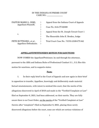 IN THE INDIANA SUPREME COURT
CASE NO.: ________________
PASTOR MARIO L. SIMS, ) Appeal from the Indiana Court of Appeals
A...
