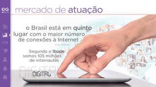 mercado de atuação 
o Brasil está em quinto 
lugar com o maior número 
de conexões à Internet 
Fonte: comScore 
Segundo o Ibope 
somos 105 milhões 
de internautas 
digdigiittalal 
 