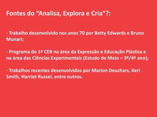 Fontes do “Analisa, Explora e Cria”?:
- Trabalho desenvolvido nos anos 70 por Betty Edwards e Bruno
Munari;
- Programa do 1º CEB na área da Expressão e Educação Plástica e
na área das Ciências Experimentais (Estudo do Meio – 3º/4º ano);
- Trabalhos recentes desenvolvidos por Marion Deuchars, Keri
Smith, Harriet Russel, entre outros.
 