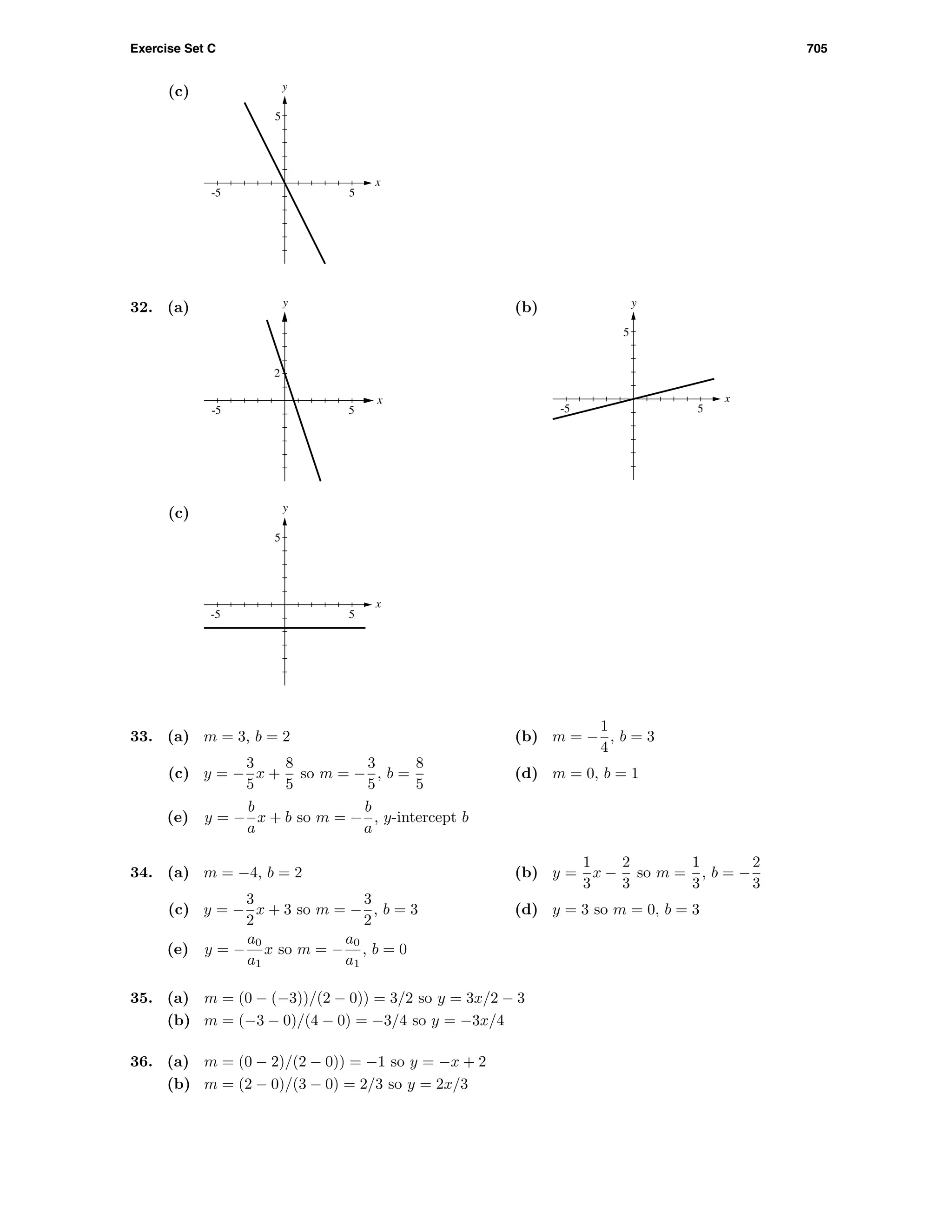 Exercise Set C 705
(c)
x
y
5-5
5
32. (a)
2
x
y
5-5
(b)
x
y
5-5
5
(c)
x
y
5-5
5
33. (a) m = 3, b = 2 (b) m = −
1
4
, b = 3
(c) y = −
3
5
x +
8
5
so m = −
3
5
, b =
8
5
(d) m = 0, b = 1
(e) y = −
b
a
x + b so m = −
b
a
, y-intercept b
34. (a) m = −4, b = 2 (b) y =
1
3
x −
2
3
so m =
1
3
, b = −
2
3
(c) y = −
3
2
x + 3 so m = −
3
2
, b = 3 (d) y = 3 so m = 0, b = 3
(e) y = −
a0
a1
x so m = −
a0
a1
, b = 0
35. (a) m = (0 − (−3))/(2 − 0)) = 3/2 so y = 3x/2 − 3
(b) m = (−3 − 0)/(4 − 0) = −3/4 so y = −3x/4
36. (a) m = (0 − 2)/(2 − 0)) = −1 so y = −x + 2
(b) m = (2 − 0)/(3 − 0) = 2/3 so y = 2x/3
 