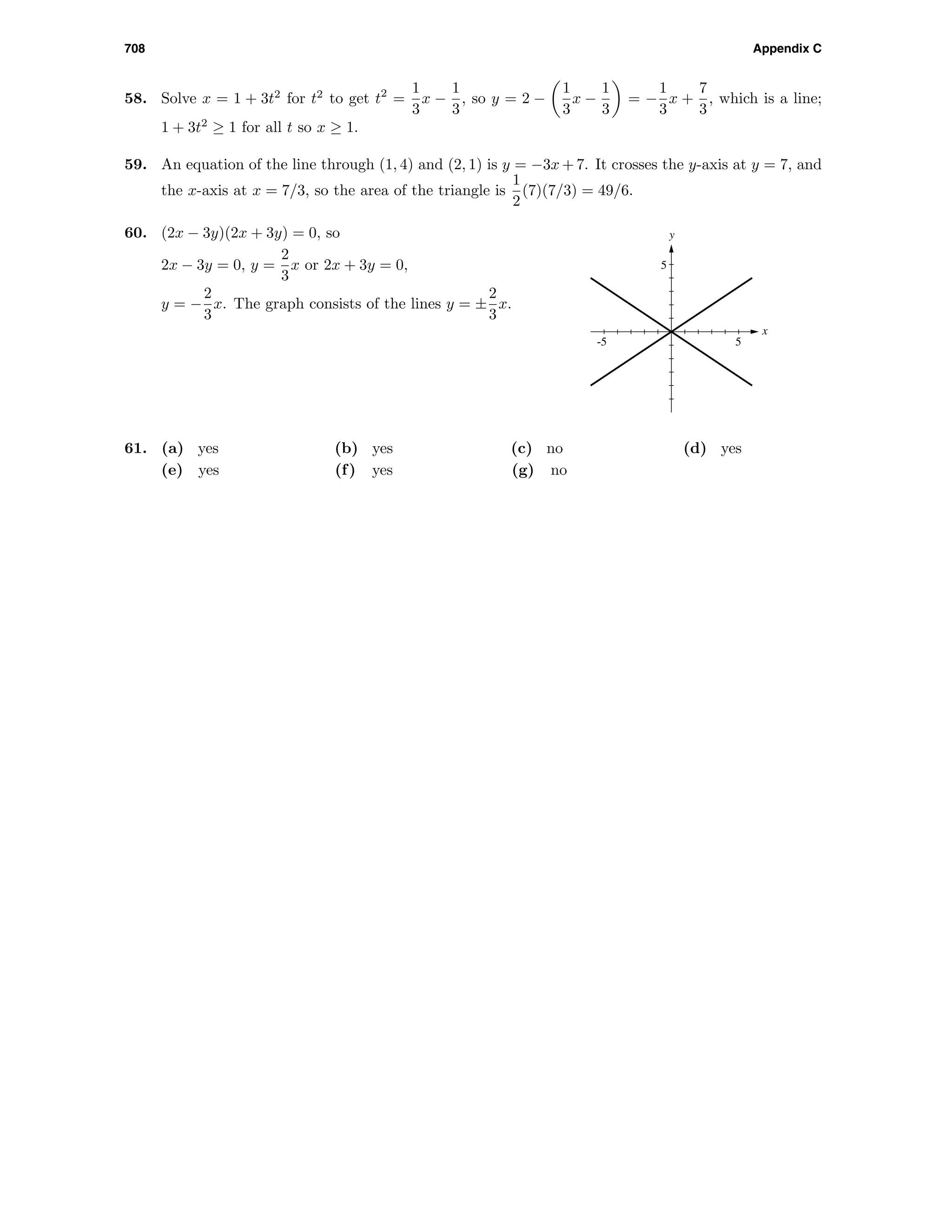 708 Appendix C
58. Solve x = 1 + 3t2
for t2
to get t2
=
1
3
x −
1
3
, so y = 2 −
1
3
x −
1
3
= −
1
3
x +
7
3
, which is a line;
1 + 3t2
≥ 1 for all t so x ≥ 1.
59. An equation of the line through (1, 4) and (2, 1) is y = −3x + 7. It crosses the y-axis at y = 7, and
the x-axis at x = 7/3, so the area of the triangle is
1
2
(7)(7/3) = 49/6.
x
y
5-5
5
60. (2x − 3y)(2x + 3y) = 0, so
2x − 3y = 0, y =
2
3
x or 2x + 3y = 0,
y = −
2
3
x. The graph consists of the lines y = ±
2
3
x.
61. (a) yes (b) yes (c) no (d) yes
(e) yes (f) yes (g) no
 
