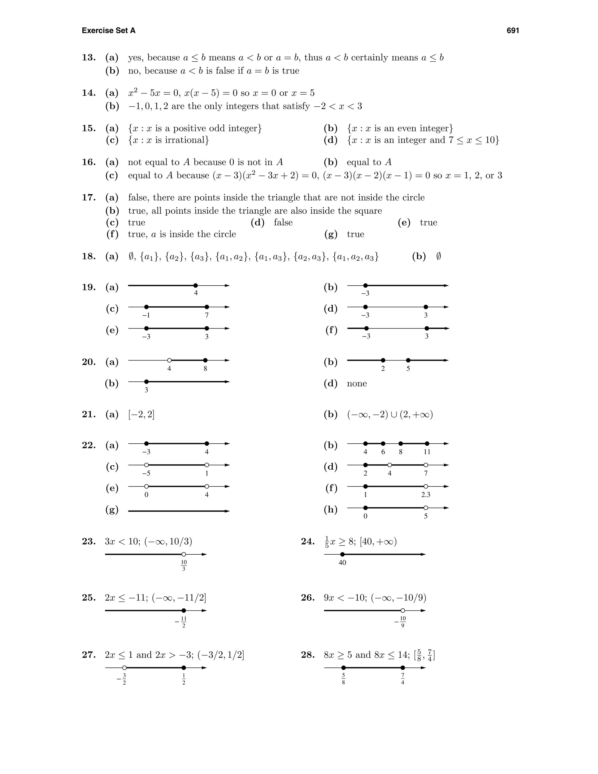 Exercise Set A 691
13. (a) yes, because a ≤ b means a < b or a = b, thus a < b certainly means a ≤ b
(b) no, because a < b is false if a = b is true
14. (a) x2
− 5x = 0, x(x − 5) = 0 so x = 0 or x = 5
(b) −1, 0, 1, 2 are the only integers that satisfy −2 < x < 3
15. (a) {x : x is a positive odd integer} (b) {x : x is an even integer}
(c) {x : x is irrational} (d) {x : x is an integer and 7 ≤ x ≤ 10}
16. (a) not equal to A because 0 is not in A (b) equal to A
(c) equal to A because (x − 3)(x2
− 3x + 2) = 0, (x − 3)(x − 2)(x − 1) = 0 so x = 1, 2, or 3
17. (a) false, there are points inside the triangle that are not inside the circle
(b) true, all points inside the triangle are also inside the square
(c) true (d) false (e) true
(f) true, a is inside the circle (g) true
18. (a) ∅, {a1}, {a2}, {a3}, {a1, a2}, {a1, a3}, {a2, a3}, {a1, a2, a3} (b) ∅
19. (a)
4
(b)
−3
(c)
−1 7
(d)
−3 3
(e)
−3 3
(f)
−3 3
20. (a)
84
(b)
52
(b)
3
(d) none
21. (a) [−2, 2] (b) (−∞, −2) ∪ (2, +∞)
22. (a)
−3 4
(b)
4 116 8
(c)
−5 1
(d)
2 74
(e)
0 4
(f)
1 2.3
(g) (h)
0 5
23. 3x < 10; (−∞, 10/3)
10
3
24. 1
5 x ≥ 8; [40, +∞)
40
25. 2x ≤ −11; (−∞, −11/2]
11
2
−
26. 9x < −10; (−∞, −10/9)
10
9
−
27. 2x ≤ 1 and 2x > −3; (−3/2, 1/2]
1
2
3
2
−
28. 8x ≥ 5 and 8x ≤ 14; [5
8 , 7
4 ]
7
4
5
8
 