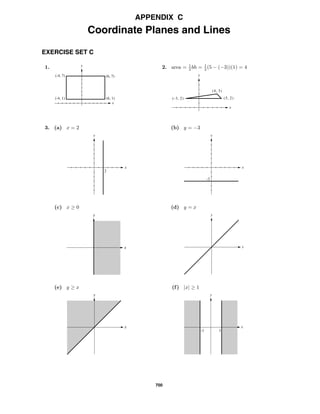 700
APPENDIX C
Coordinate Planes and Lines
EXERCISE SET C
1.
x
y
(-4, 1)
(-4, 7) (6, 7)
(6, 1)
2. area = 1
2 bh = 1
2 (5 − (−3))(1) = 4
x
y
(-3, 2)
(4, 3)
(5, 2)
3. (a) x = 2
2
x
y
(b) y = −3
-3
x
y
(c) x ≥ 0
x
y
(d) y = x
x
y
(e) y ≥ x
x
y
(f) |x| ≥ 1
x
y
-1 1
 