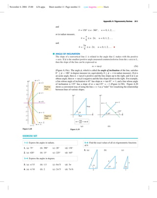 November 4, 2004 15:00 k34-appa Sheet number 11 Page number 11 cyan magenta yellow black
Appendix A: Trigonometry Review A11
and
θ = 150◦
± n · 360◦
, n = 0, 1, 2, . . .
or in radian measure,
θ =
π
6
± n · 2π, n = 0, 1, 2, . . .
and
θ =
5π
6
± n · 2π, n = 0, 1, 2, . . .
ANGLE OF INCLINATION
The slope of a nonvertical line L is related to the angle that L makes with the positive
x-axis. If φ is the smallest positive angle measured counterclockwise from the x-axis to L,
then the slope of the line can be expressed as
m = tan φ (54)
(Figure A.19a). The angle φ, which is called the angle of inclination of the line, satisﬁes
0◦
≤ φ < 180◦
in degree measure (or, equivalently, 0 ≤ φ < π in radian measure). If φ is
an acute angle, then m = tan φ is positive and the line slopes up to the right, and if φ is an
obtuse angle, then m = tan φ is negative and the line slopes down to the right. For example,
a line whose angle of inclination is 45◦
has slope m = tan 45◦
= 1, and a line whose angle
of inclination is 135◦
has a slope of m = tan 135◦
= −1 (Figure A.19b). Figure A.20
shows a convenient way of using the line x = 1 as a “ruler” for visualizing the relationship
between lines of various slopes.
x
y
f
rise
run
m = = tan f
(a)
Rise
Run
x
y
(b)
45°
135°
m = 1m = –1
Figure A.19
1
y
m = 0
m = 1
m = –1
m = –2
m = –3
x = 1
m = 2
m = 3
Positive
slope
Negative
slope
–4
–3
–2
–1
1
2
3
4
Figure A.20
EXERCISE SET
1–2 Express the angles in radians.
1. (a) 75◦
(b) 390◦
(c) 20◦
(d) 138◦
2. (a) 420◦
(b) 15◦
(c) 225◦
(d) 165◦
3–4 Express the angles in degrees.
3. (a) π/15 (b) 1.5 (c) 8π/5 (d) 3π
4. (a) π/10 (b) 2 (c) 2π/5 (d) 7π/6
5–6 Find the exact values of all six trigonometric functions
of θ.
5. (a) (b) (c)
5
2 1
33
4
u
u u
 