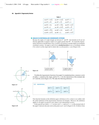 November 4, 2004 15:00 k34-appa Sheet number 4 Page number 4 cyan magenta yellow black
A4 Appendix A: Trigonometry Review
Table 2
sin 45° = 1/√2, cos 45° = 1/√2, tan 45° = 1
csc 45° = √2, sec 45° = √2, cot 45° = 1
sin 30° = 1/2, cos 30° = √3/2, tan 30° = 1/√3
csc 30° = 2, sec 30° = 2/√3, cot 30° = √3
sin 60° = √3/2, cos 60° = 1/2, tan 60° = √3
csc 60° = 2/√3, sec 60° = 2, cot 60° = 1/√3
ANGLES IN RECTANGULAR COORDINATE SYSTEMS
Because the angles of a right triangle are between 0◦
and 90◦
, the formulas in (6) are not
directly applicable to negative angles or to angles greater than 90◦
. To extend the trigono-
metric functions to include these cases, it will be convenient to consider angles in rectangular
coordinate systems. An angle is said to be in standard position in an xy-coordinate system
if its vertex is at the origin and its initial side is on the positive x-axis (Figure A.8).
Figure A.8
x
y
Terminal
side
Initial
side
A positive angle in
standard position
x
y
Terminal
side
Initial
side
A negative angle in
standard position
r
x
y
u
P(x, y)
Figure A.9
x
y
u
(cos u, sin u)
1
Figure A.10
To deﬁne the trigonometric functions of an angle θ in standard position, construct a circle
of radius r, centered at the origin, and let P(x, y) be the intersection of the terminal side
of θ with this circle (Figure A.9). We make the following deﬁnition.
A.1 deﬁnition.
sin θ =
y
r
, cos θ =
x
r
, tan θ =
y
x
csc θ =
r
y
, sec θ =
r
x
, cot θ =
x
y
Note that the formulas in this deﬁnition agree with those in (6), so there is no conﬂict with
the earlier deﬁnition of the trigonometric functions for triangles. However, this deﬁnition
applies to all angles (except for cases where a zero denominator occurs).
In the special case where r = 1, we have sin θ = y and cos θ = x, so the terminal side of
the angle θ intersects the unit circle at the point (cos θ, sin θ) (FigureA.10). It follows from
 