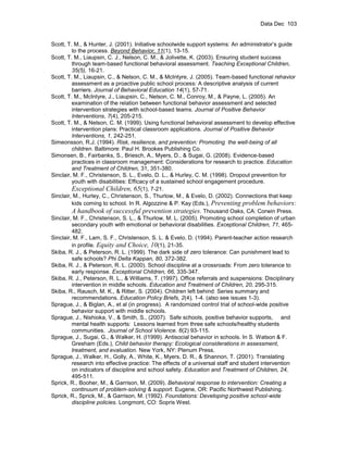 Data Dec 103


Scott, T. M., & Hunter, J. (2001). Initiative schoolwide support systems: An administrator’s guide
         to the process. Beyond Behavior, 11(1), 13-15.
Scott, T. M., Liaupsin, C. J., Nelson, C. M., & Jolivette, K. (2003). Ensuring student success
         through team-based functional behavioral assessment. Teaching Exceptional Children,
         35(5), 16-21.
Scott, T. M., Liaupsin, C., & Nelson, C. M., & McIntyre, J. (2005). Team-based functional rehavior
         assessment as a proactive public school process: A descriptive analysis of current
         barriers. Journal of Behavioral Education 14(1), 57-71.
Scott, T. M., McIntyre, J., Liaupsin, C., Nelson, C. M., Conroy, M., & Payne, L. (2005). An
         examination of the relation between functional behavior assessment and selected
         intervention strategies with school-based teams. Journal of Positive Behavior
         Interventions, 7(4), 205-215.
Scott, T. M., & Nelson, C. M. (1999). Using functional behavioral assessment to develop effective
         intervention plans: Practical classroom applications. Journal of Positive Behavior
         Interventions, 1, 242-251.
Simeonsson, R.J. (1994). Risk, resilience, and prevention: Promoting the well-being of all
         children. Baltimore: Paul H. Brookes Publishing Co.
Simonsen, B., Fairbanks, S., Briesch, A., Myers, D., & Sugai, G. (2008). Evidence-based
         practices in classroom management: Considerations for research to practice. Education
         and Treatment of Children, 31, 351-380.
Sinclair, M. F., Christenson, S. L., Evelo, D. L., & Hurley, C. M. (1998). Dropout prevention for
         youth with disabilities: Efficacy of a sustained school engagement procedure.
         Exceptional Children, 65(1), 7-21.
Sinclair, M., Hurley, C., Christenson, S., Thurlow, M., & Evelo, D. (2002). Connections that keep
         kids coming to school. In R. Algozzine & P. Kay (Eds.), Preventing problem behaviors:
         A handbook of successful prevention strategies. Thousand Oaks, CA: Corwin Press.
Sinclair, M. F., Christenson, S. L., & Thurlow, M. L. (2005). Promoting school completion of urban
         secondary youth with emotional or behavioral disabilities. Exceptional Children, 71, 465-
         482.
Sinclair, M. F., Lam, S. F., Christenson, S. L. & Evelo, D. (1994). Parent-teacher action research
         in profile. Equity and Choice, 10(1), 21-35.
Skiba, R. J., & Peterson, R. L. (1999). The dark side of zero tolerance: Can punishment lead to
         safe schools? Phi Delta Kappan, 80, 372-382.
Skiba, R. J., & Peterson, R. L. (2000). School discipline at a crossroads: From zero tolerance to
         early response. Exceptional Children, 66, 335-347.
Skiba, R. J., Peterson, R. L., & Williams, T. (1997). Office referrals and suspensions: Disciplinary
         intervention in middle schools. Education and Treatment of Children, 20, 295-315.
Skiba, R., Rausch, M. K., & Ritter, S. (2004). Children left behind: Series summary and
         recommendations. Education Policy Briefs, 2(4), 1-4. (also see issues 1-3).
Sprague, J., & Biglan, A., et al (in progress). A randomized control trial of school-wide positive
         behavior support with middle schools.
Sprague, J., Nishioka, V., & Smith, S., (2007). Safe schools, positive behavior supports, and
         mental health supports: Lessons learned from three safe schools/healthy students
         communities. Journal of School Violence. 6(2) 93-115.
Sprague, J., Sugai, G., & Walker, H. (I1999). Antisocial behavior in schools. In S. Watson & F.
         Gresham (Eds.), Child behavior therapy: Ecological considerations in assessment,
         treatment, and evaluation. New York, NY: Plenum Press.
Sprague, J., Walker, H., Golly, A., White, K., Myers, D. R., & Shannon, T. (2001). Translating
         research into effective practice: The effects of a universal staff and student intervention
         on indicators of discipline and school safety. Education and Treatment of Children, 24,
         495-511.
Sprick, R., Booher, M., & Garrison, M. (2009). Behavioral response to intervention: Creating a
         continuum of problem-solving & support. Eugene, OR: Pacific Northwest Publishing.
Sprick, R., Sprick, M., & Garrison, M. (1992). Foundations: Developing positive school-wide
         discipline policies. Longmont, CO: Sopris West.
 