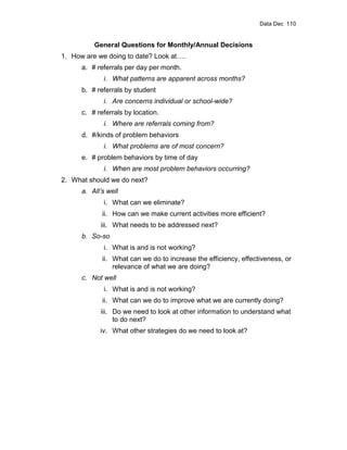 Data Dec 110


          General Questions for Monthly/Annual Decisions
1. How are we doing to date? Look at….
      a. # referrals per day per month.
             i. What patterns are apparent across months?
      b. # referrals by student
             i. Are concerns individual or school-wide?
      c. # referrals by location.
             i. Where are referrals coming from?
      d. #/kinds of problem behaviors
             i. What problems are of most concern?
      e. # problem behaviors by time of day
             i. When are most problem behaviors occurring?
2. What should we do next?
      a. All’s well
             i. What can we eliminate?
             ii. How can we make current activities more efficient?
            iii. What needs to be addressed next?
      b. So-so
             i. What is and is not working?
             ii. What can we do to increase the efficiency, effectiveness, or
                 relevance of what we are doing?
      c. Not well
             i. What is and is not working?
             ii. What can we do to improve what we are currently doing?
            iii. Do we need to look at other information to understand what
                 to do next?
            iv. What other strategies do we need to look at?
 