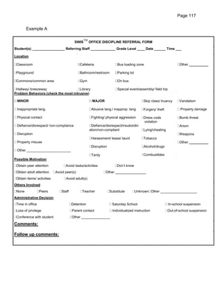 Page 117


        Example A

                                               TM
                                        SWIS        OFFICE DISCIPLINE REFERRAL FORM
Student(s) _________________ Referring Staff _____________ Grade Level ____ Date ______ Time ___

Location

 Classroom                                  Cafeteria                  Bus loading zone                           Other __________

 Playground                                 Bathroom/restroom          Parking lot

 Commons/common area                        Gym                        On bus

 Hallway/ breezeway                   Library                          Special event/assembly/ field trip
Problem Behaviors (check the most intrusive)

 MINOR                                               MAJOR                               Skip class/ truancy      Vandalism

 Inappropriate lang.                                 Abusive lang./ inapprop. lang       Forgery/ theft            Property damage

 Physical contact                                    Fighting/ physical aggression       Dress code               Bomb threat
                                                                                         violation
 Defiance/disrespect/ non-compliance                 Defiance/disrespect/insubordin                               Arson
                                                    ation/non-compliant                  Lying/cheating
 Disruption                                                                                                       Weapons
                                                     Harassment/ tease/ taunt            Tobacco
 Property misuse                                                                                                  Other __________
                                                     Disruption                          Alcohol/drugs
 Other _______________________
                                                     Tardy                               Combustibles
Possible Motivation
 Obtain peer attention            Avoid tasks/activities               Don’t know
 Obtain adult attention     Avoid peer(s)                     Other ________________
 Obtain items/ activities         Avoid adult(s)
Others Involved
 None             Peers        Staff         Teacher              Substitute         Unknown Other ___________________
Administrative Decision
 Time in office                        Detention                   Saturday School                          In-school suspension
 Loss of privilege                     Parent contact               Individualized instruction            Out-of-school suspension
 Conference with student               Other _______________

Comments:

Follow up comments:
 