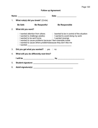 Page 120
                                  Follow up Agreement

Name: __________________________               Date: __________________

1.   What rule(s) did you break? (Circle)

      Be Safe             Be Respectful              Be Responsible

2.   What did you want?

       I wanted attention from others        I wanted to be in control of the situation
       I wanted to challenge adult(s)        I wanted to avoid doing my work
       I wanted to be sent home              I wanted revenge
       I wanted to cause problems because I feel miserable inside
       I wanted to cause others problems because they don’t like me
       I wanted _________________________________________

3.   Did you get what you wanted?  yes  no

4.   What will you do differently next time?

     I will be _____________________________ by _________________________

5.   Student signature: __________________________________________

6.   Adult signature(s): _____________________________________
 