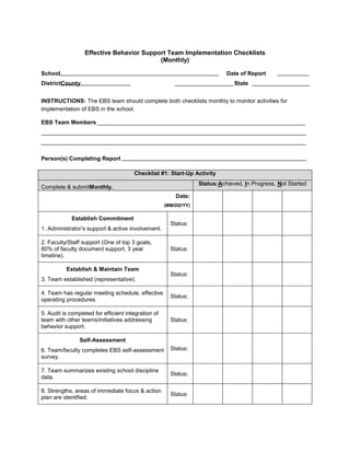 Effective Behavior Support Team Implementation Checklists
                                          (Monthly)

School                                                                      Date of Report
DistrictCounty                                                                 State


INSTRUCTIONS: The EBS team should complete both checklists monthly to monitor activities for
implementation of EBS in the school.

EBS Team Members




Person(s) Completing Report

                                       Checklist #1: Start-Up Activity
                                                                  Status:Achieved, In Progress, Not Started
Complete & submitMonthly.
                                                         Date:
                                                     (MM/DD/YY)

             Establish Commitment
                                                       Status:
1. Administrator’s support & active involvement.

2. Faculty/Staff support (One of top 3 goals,
80% of faculty document support, 3 year                Status:
timeline).

          Establish & Maintain Team
                                                       Status:
3. Team established (representative).

4. Team has regular meeting schedule, effective
                                                       Status:
operating procedures.

5. Audit is completed for efficient integration of
team with other teams/initiatives addressing           Status:
behavior support.

                Self-Assessment
6. Team/faculty completes EBS self-assessment          Status:
survey.

7. Team summarizes existing school discipline
                                                       Status:
data.

8. Strengths, areas of immediate focus & action
                                                       Status:
plan are identified.
 