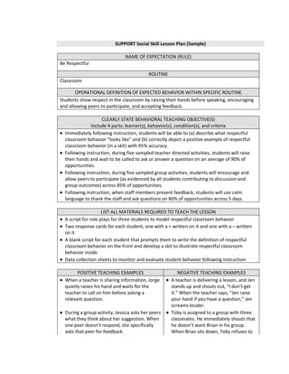 SUPPORT Social Skill Lesson Plan (Sample)

                               NAME OF EXPECTATION (RULE)
Be Respectful

                                           ROUTINE
Classroom

       OPERATIONAL DEFINITION OF EXPECTED BEHAVIOR WITHIN SPECIFIC ROUTINE
Students show respect in the classroom by raising their hands before speaking, encouraging
and allowing peers to participate, and accepting feedback.

                   CLEARLY STATE BEHAVIORAL TEACHING OBJECTIVE(S)
              Include 4 parts: learner(s), behavior(s), condition(s), and criteria
  Immediately following instruction, students will be able to (a) describe what respectful
  classroom behavior “looks like” and (b) correctly depict a positive example of respectful
  classroom behavior (in a skit) with 95% accuracy.
  Following instruction, during five sampled teacher directed activities, students will raise
  their hands and wait to be called to ask or answer a question on an average of 90% of
  opportunities.
  Following instruction, during five sampled group activities, students will encourage and
  allow peers to participate (as evidenced by all students contributing to discussion and
  group outcomes) across 85% of opportunities.
  Following instruction, when staff members present feedback, students will use calm
  language to thank the staff and ask questions on 80% of opportunities across 5 days.

                     LIST ALL MATERIALS REQUIRED TO TEACH THE LESSON
  A script for role plays for three students to model respectful classroom behavior
  Two response cards for each student, one with a + written on it and one with a – written
  on it
  A blank script for each student that prompts them to write the definition of respectful
  classroom behavior on the front and develop a skit to illustrate respectful classroom
  behavior inside
  Data collection sheets to monitor and evaluate student behavior following instruction

        POSITIVE TEACHING EXAMPLES                        NEGATIVE TEACHING EXAMPLES
  When a teacher is sharing information, Jorge        A teacher is delivering a lesson, and Jen
  quietly raises his hand and waits for the           stands up and shouts out, “I don’t get
  teacher to call on him before asking a              it.” When the teacher says, “Jen raise
  relevant question.                                  your hand if you have a question,” Jen
                                                      screams louder.
  During a group activity, Jessica asks her peers     Toby is assigned to a group with three
  what they think about her suggestion. When          classmates. He immediately shouts that
  one peer doesn’t respond, she specifically          he doesn’t want Brian in his group.
  asks that peer for feedback.                        When Brian sits down, Toby refuses to
 