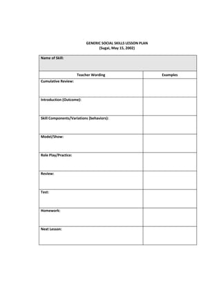 GENERIC SOCIAL SKILLS LESSON PLAN
                                (Sugai, May 15, 2002)

Name of Skill:



                      Teacher Wording                         Examples
Cumulative Review:



Introduction (Outcome):



Skill Components/Variations (behaviors):



Model/Show:



Role Play/Practice:



Review:



Test:



Homework:



Next Lesson:
 