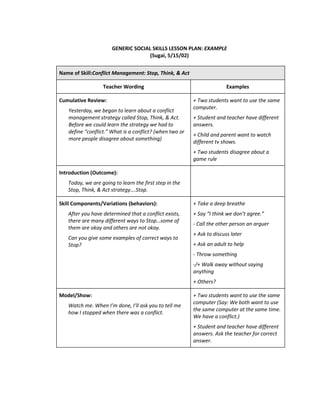 GENERIC SOCIAL SKILLS LESSON PLAN: EXAMPLE
                                    (Sugai, 5/15/02)


Name of Skill:Conflict Management: Stop, Think, & Act

                  Teacher Wording                                       Examples

Cumulative Review:                                       + Two students want to use the same
                                                         computer.
   Yesterday, we began to learn about a conflict
   management strategy called Stop, Think, & Act.        + Student and teacher have different
   Before we could learn the strategy we had to          answers.
   define “conflict.” What is a conflict? (when two or
                                                         + Child and parent want to watch
   more people disagree about something)
                                                         different tv shows.
                                                         + Two students disagree about a
                                                         game rule

Introduction (Outcome):
   Today, we are going to learn the first step in the
   Stop, Think, & Act strategy….Stop.

Skill Components/Variations (behaviors):                 + Take a deep breathe
   After you have determined that a conflict exists,     + Say “I think we don’t agree.”
   there are many different ways to Stop…some of
                                                         - Call the other person an arguer
   them are okay and others are not okay.
                                                         + Ask to discuss later
   Can you give some examples of correct ways to
   Stop?                                                 + Ask an adult to help
                                                         - Throw something
                                                         -/+ Walk away without saying
                                                         anything
                                                         + Others?

Model/Show:                                              + Two students want to use the same
                                                         computer (Say: We both want to use
   Watch me. When I’m done, I’ll ask you to tell me
                                                         the same computer at the same time.
   how I stopped when there was a conflict.
                                                         We have a conflict.)
                                                         + Student and teacher have different
                                                         answers. Ask the teacher for correct
                                                         answer.
 