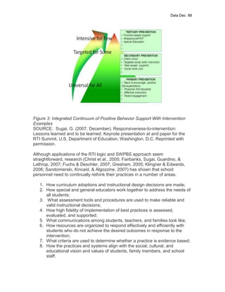 Data Dec 88




Figure 3: Integrated Continuum of Positive Behavior Support With Intervention
Examples
SOURCE: Sugai, G. (2007, December). Responsiveness-to-intervention:
Lessons learned and to be learned. Keynote presentation at and paper for the
RTI Summit, U.S. Department of Education, Washington, D.C. Reprinted with
permission.

Although applications of the RTI logic and SWPBS approach seem
straightforward, research (Christ et al., 2005; Fairbanks, Sugai, Guardino, &
Lathrop, 2007; Fuchs & Deschler, 2007; Gresham, 2005; Klingner & Edwards,
2006; Sandomierski, Kincaid, & Algozzine, 2007) has shown that school
personnel need to continually rethink their practices in a number of areas.

   1. How curriculum adoptions and instructional design decisions are made;
   2. How special and general educators work together to address the needs of
      all students;
   3. What assessment tools and procedures are used to make reliable and
      valid instructional decisions;
   4. How high fidelity of implementation of best practices is assessed,
      evaluated, and supported;
   5. What communications among students, teachers, and families look like;
   6. How resources are organized to respond effectively and efficiently with
      students who do not achieve the desired outcomes in response to the
      intervention;
   7. What criteria are used to determine whether a practice is evidence based;
   8. How the practices and systems align with the social, cultural, and
      educational vision and values of students, family members, and school
      staff.
 