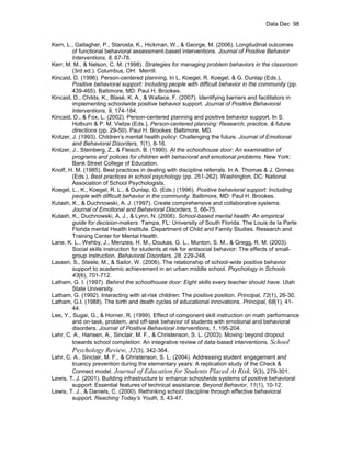 Data Dec 98


Kern, L., Gallagher, P., Starosta, K., Hickman, W., & George, M. (2006). Longitudinal outcomes
         of functional behavioral assessment-based interventions. Journal of Positive Behavior
         Interventions, 8, 67-78.
Kerr, M. M., & Nelson, C. M. (1998). Strategies for managing problem behaviors in the classroom
         (3rd ed.). Columbus, OH: Merrill.
Kincaid, D. (1996). Person-centered planning. In L. Koegel, R. Koegel, & G. Dunlap (Eds.),
         Positive behavioral support: Including people with difficult behavior in the community (pp.
         439-465). Baltimore, MD: Paul H. Brookes.
Kincaid, D., Childs, K., Blasé, K. A., & Wallace, F. (2007). Identifying barriers and facilitators in
         implementing schoolwide positive behavior support. Journal of Positive Behavioral
         Interventions, 9, 174-184.
Kincaid, D., & Fox, L. (2002). Person-centered planning and positive behavior support. In S.
         Holburn & P. M. Vietze (Eds.), Person-centered planning: Research, practice, & future
         directions (pp. 29-50). Paul H. Brookes: Baltimore, MD.
Knitzer, J. (1993). Children’s mental health policy: Challenging the future. Journal of Emotional
         and Behavioral Disorders, 1(1), 8-16.
Knitzer, J., Steinberg, Z., & Fleisch, B. (1990). At the schoolhouse door: An examination of
         programs and policies for children with behavioral and emotional problems. New York:
         Bank Street College of Education.
Knoff, H. M. (1985). Best practices in dealing with discipline referrals. In A. Thomas & J. Grimes
         (Eds.), Best practices in school psychology (pp. 251-262). Washington, DC: National
         Association of School Psychologists.
Koegel, L., K., Koegel, R. L., & Dunlap, G. (Eds.) (1996). Positive behavioral support: Including
         people with difficult behavior in the community. Baltimore, MD: Paul H. Brookes.
Kutash, K., & Duchnowski, A. J. (1997). Create comprehensive and collaborative systems.
         Journal of Emotional and Behavioral Disorders, 5, 66-75.
Kutash, K., Duchnowski, A. J., & Lynn, N. (2006). School-based mental health: An empirical
         guide for decision-makers. Tampa, FL: University of South Florida. The Louis de la Parte
         Florida mental Health Institute. Department of Child and Family Studies. Research and
         Training Center for Mental Health.
Lane, K. L., Wehby, J., Menzies, H. M., Doukas, G. L., Munton, S. M., & Gregg, R. M. (2003).
         Social skills instruction for students at risk for antisocial behavior: The effects of small-
         group instruction. Behavioral Disorders, 28, 229-248.
Lassen, S., Steele, M., & Sailor, W. (2006). The relationship of school-wide positive behavior
         support to academic achievement in an urban middle school. Psychology in Schools
         43(6), 701-712.
Latham, G. I. (1997). Behind the schoolhouse door: Eight skills every teacher should have. Utah
         State University.
Latham, G. (1992). Interacting with at-risk children: The positive position. Principal, 72(1), 26-30.
Latham, G.I. (1988). The birth and death cycles of educational innovations. Principal, 68(1), 41-
         44.
Lee, Y., Sugai, G., & Horner, R. (1999). Effect of component skill instruction on math performance
         and on-task, problem, and off-task behavior of students with emotional and behavioral
         disorders. Journal of Positive Behavioral Interventions, 1, 195-204.
Lehr, C. A., Hansen, A., Sinclair, M. F., & Christenson, S. L. (2003). Moving beyond dropout
         towards school completion: An integrative review of data-based interventions. School
         Psychology Review, 32(3), 342-364.
Lehr, C. A., Sinclair, M. F., & Christenson, S. L. (2004). Addressing student engagement and
         truancy prevention during the elementary years: A replication study of the Check &
         Connect model. Journal of Education for Students Placed At Risk, 9(3), 279-301.
Lewis, T. J. (2001). Building infrastructure to enhance schoolwide systems of positive behavioral
         support: Essential features of technical assistance. Beyond Behavior, 11(1), 10-12.
Lewis, T. J., & Daniels, C. (2000). Rethinking school discipline through effective behavioral
         support. Reaching Today’s Youth, 5, 43-47.
 