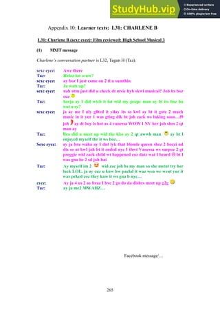 265
Learner texts: L31: CHARLENE B
Appendix 10:
L31: Charlene B (sexc eyez): Film reviewed: High School Musical 3
(1) MXIT message
Charlene’s conversation partner is L32, Tegan H (Taz).
sexc eyez: Awe there
Taz: Heloz hw u nw?
sexc eyez: ay boz I just came on 2 tl u sumthin
Taz: Ja wats up?
sexc eyez: nah ntm just did u check dt mvie hyh skwl musical? Joh its boz
cuz
Taz: horja ay I did wtch it lot wid my peepz man ay bt its boz ha
wat u sy?
sexc eyez: ja ay me I nly g8ted it yday its so kwl ay bt it gotz 2 much
music in it yur 1 was gting dik bt joh zack ws luking sooo…f9
joh ay dt boy is hot as 4 vanessa WOW I NV her joh shes 2 qt
man ay
Taz: Bra did u meet up wid the kiss ay 2 qt awwh man ay bt I
enjoyed myself thr it ws boz…
Sexc eyez: ay ja bra waha ay I dnt lyk that blonde queen shez 2 bozzi nd
dts so nt kwl joh bt it ended nyc I thwt Vanessa ws surpoz 2 gt
preggie wid zack child wt happened coz datz wat I heard  bt I
was gna be 2 sd joh hai
Taz: Ay myself im 2 wid zac joh hs my man so she mstnt try her
luck LOL. ja ay cuz u knw hw packd it waz wen we went yur it
was pcked coz they knw it ws gna b nyc…
eyez: Ay ja 4 us 2 ay braz I hve 2 go do da dishes meet up g2g
Taz: ay ja me2 MWAHZ…
Facebook message/…
 