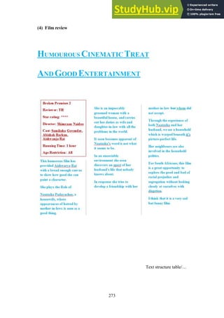 273
(4) Film review
HUMOUROUS CINEMATIC TREAT
AND GOOD ENTERTAINMENT
Text structure table/…
 