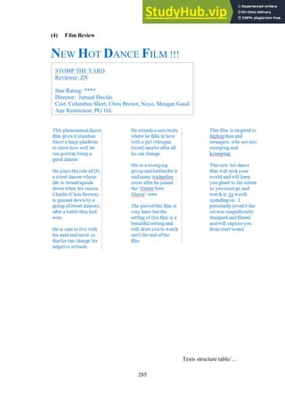 285
(4) Film Review
NEW HOT DANCE FILM !!!
Texts structure table/…
STOMP THE YARD
Reviewer: ZN
Star Rating: ****
Director: Jamaal Davids
Cast: Columbus Short, Chris Brown, Neyo, Meagan Good
Age Restriction: PG 16L
 