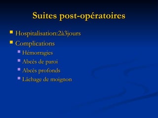Suites post-opératoires
Suites post-opératoires
 Hospitalisation:2à3jours
Hospitalisation:2à3jours
 Complications
Complications
 Hémorragies
Hémorragies
 Abcès de paroi
Abcès de paroi
 Abcès profonds
Abcès profonds
 Lâchage de moignon
Lâchage de moignon
 