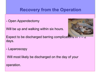 Recovery from the Operation - Open Appendectomy Will be up and walking within six hours.  Expect to be discharged barring complications in 1 – 2 days. - Laparoscopy Will most likely be discharged on the day of your  operation. 