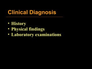 History Physical findings Laboratory examinations Clinical Diagnosis 