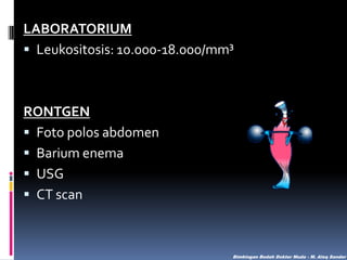 LABORATORIUM
 Leukositosis: 10.000-18.000/mm³

RONTGEN
 Foto polos abdomen
 Barium enema
 USG
 CT scan

Bimbingan Bedah Dokter Muda - M. Aleq Sander

 