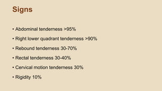 Signs
• Abdominal tenderness >95%
• Right lower quadrant tenderness >90%
• Rebound tenderness 30-70%
• Rectal tenderness 30-40%
• Cervical motion tenderness 30%
• Rigidity 10%
 