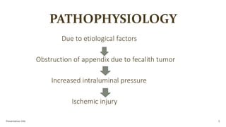 PATHOPHYSIOLOGY
Due to etiological factors
Obstruction of appendix due to fecalith tumor
Increased intraluminal pressure
Ischemic injury
Presentation title 5
 