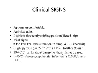 Clinical SIGNS
• Appears uncomfortable,
• Activity: quiet
• Position: frequently shifting position(flexed hip)
• Vital signs:
In the 1st
6 hrs., rare alteration in temp. & P.R. (normal)
• Slight pyrexia (37.2- 37.7°C ) + P.R. to 80 or 90/min.
• 39-40°C: perforation/ gangrene, then if shock ensue.
• > 40°C- abscess, septicemia, infection in C.N.S, Lungs,
U.T.I.
 