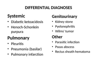 DIFFERENTIAL DIAGNOSES
Systemic
• Diabetic ketoacidosis
• Henoch-Schonlein
purpura
Pulmonary
• Pleuritis
• Pneumonia (basilar)
• Pulmonary infarction
Genitourinary
• Kidney stone
• Pyelonephritis
• Wilms' tumor
Other
• Parasitic infection
• Psoas abscess
• Rectus sheath hematoma
 