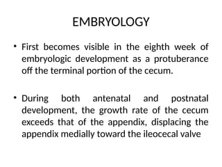 EMBRYOLOGY
• First becomes visible in the eighth week of
embryologic development as a protuberance
off the terminal portion of the cecum.
• During both antenatal and postnatal
development, the growth rate of the cecum
exceeds that of the appendix, displacing the
appendix medially toward the ileocecal valve
 