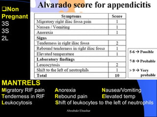 MANTRELS Migratory RIF pain Anorexia Nausea/Vomiting Tenderness in RIF Rebound pain Elevated temp Leukocytosis Shift of leukocytes to the left of neutrophils 
Non Pregnant 3S 3S 2L 
Aboubakr Elnashar  