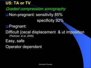 US: TA or TV 
Graded compression sonography 
Non-pregnant: sensitivity 85% 
specificity 92% 
Pregnant: 
Difficult {cecal displacement & ut imposition (Pedrosa et al, 2009). 
Easy, safe 
Operator dependent 
Aboubakr Elnashar  