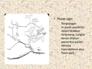 • Psoas sign:
Rangsangan
m.psoas penderita
dalam keadaan
terlentang, tungkai
kanan ditahan
pemeriksa pasien
diminta
hiperekstensi atau
fleksi aktif.
 