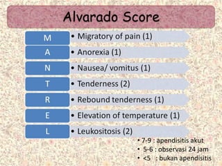 Alvarado Score
• 7-9 : apendisitis akut
• 5-6 : observasi 24 jam
• <5 : bukan apendisitis
 