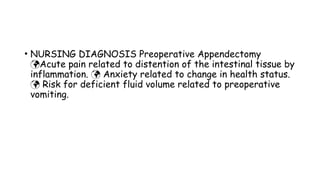 • NURSING DIAGNOSIS Preoperative Appendectomy
Acute pain related to distention of the intestinal tissue by

inflammation. Anxiety related to change in health status.

Risk for deficient fluid volume related to preoperative

vomiting.
 