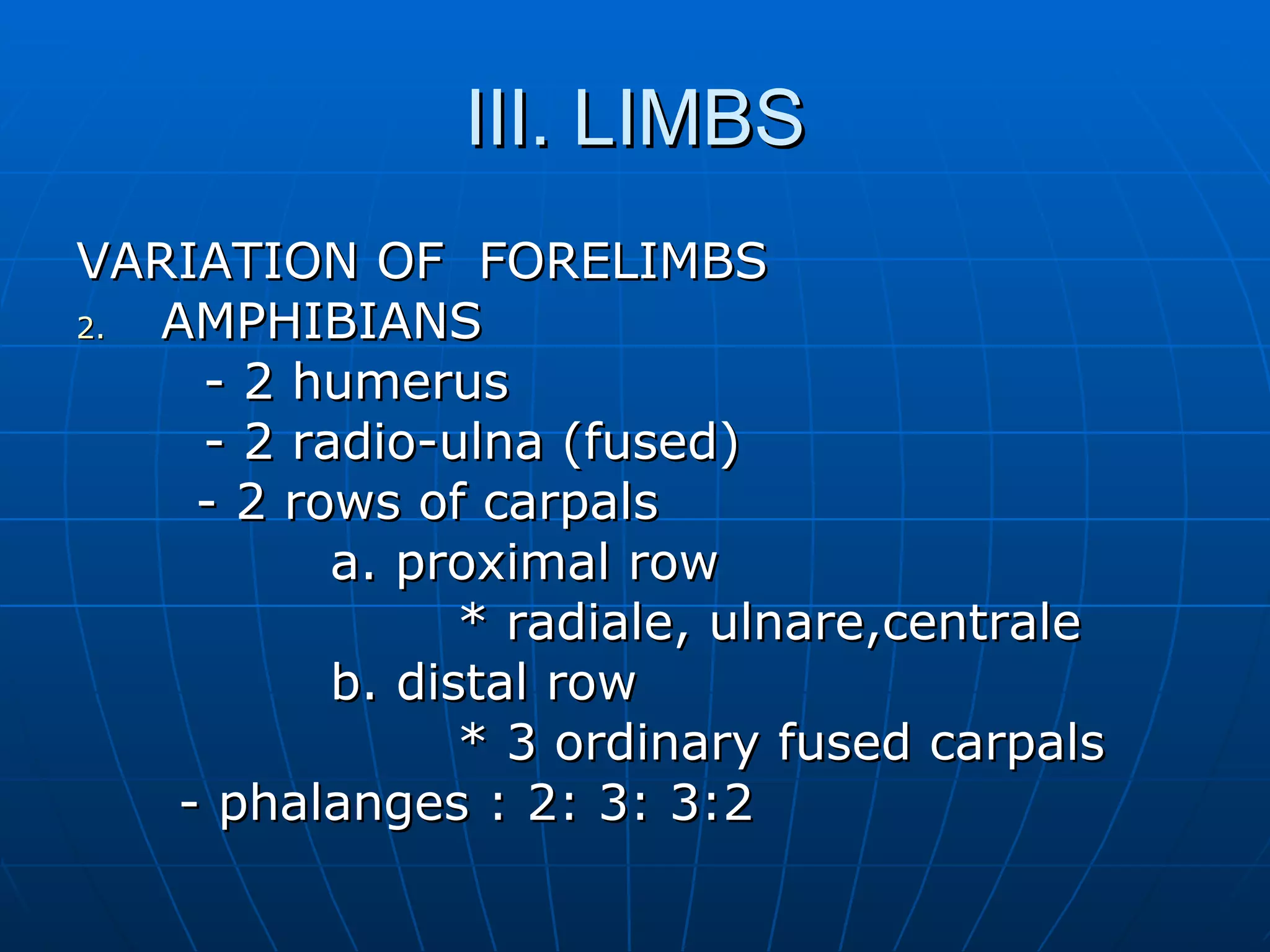 III. LIMBS VARIATION OF  FORELIMBS AMPHIBIANS - 2 humerus - 2 radio-ulna (fused)   - 2 rows of carpals a. proximal row  * radiale, ulnare,centrale b. distal row * 3 ordinary fused carpals   - phalanges : 2: 3: 3:2 